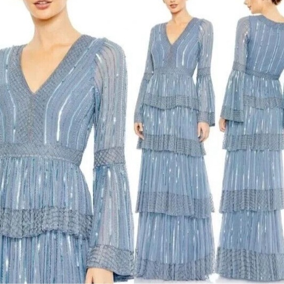 Mac Duggal Dresses & Skirts - NWT | Mac Duggal 5442 Blue Emblemished Bell Sleeve Tiered Gown Size 16